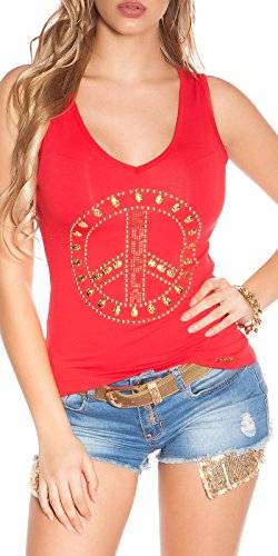 Koucla Top Tanktop Shirt mit Peace-Print aus Nieten und Glitzersteinen (Rot) von In-Stylefashion