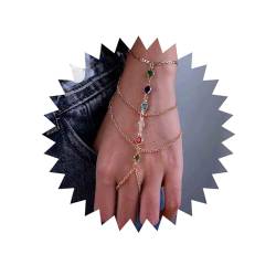 Inateannal Geschichtetes Fingerring-Armband Gold Handkette Harness Armband buntes Kristall Fingerketten Armband Sklavenarmband Regenbogen Kristallring Handgelenk Armband Schmuck für Frauen und Mädchen von Inateannal