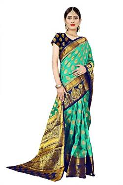 Indian Hawker Damen Banarasi Art Silk Sari Saree Work Jacquard Fashion Saree mit ungenähtem Blusenstück, Türkis Grün, Large von Indian Hawker