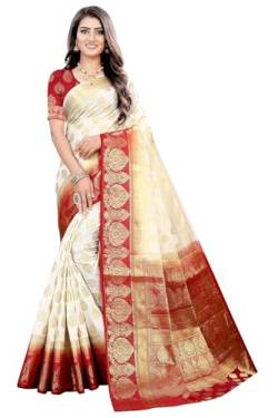 Indian Hawker Damen Blume Banarasi Nylon Seide Fashion Style Woven Saree with Unstitched Bluse Piece, Rot & cremefarben, Large von Indian Hawker