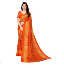 Indian Hawker Damen Chiffon Sari Sari Floral Printed Fashion Saree mit Unstitched Bluse Piece, Orange, 42 von Indian Hawker