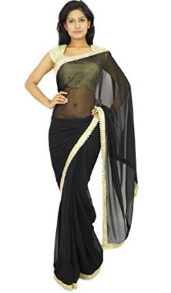 Traditioneller indischer Sari Designer Georgette Sari Hochzeit Schwarz Schwarz Einheitsgröße von Indianbeautifulart