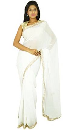 Traditioneller indischer Sari Designer Georgette Sari Hochzeit Weiß weiß Einheitsgröße von Indianbeautifulart