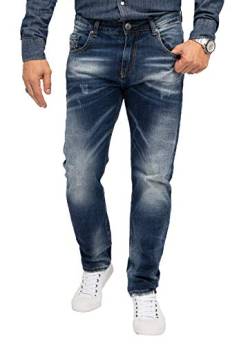 Indumentum Jeans Herren Regular Fit Hose Männer Jeans Hosen Herrenjeans Denim Herrenhose Mens Pant Herrenhose Used-Look Dunkelblau IR-503 W42 L32 von Indumentum