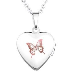 Unendlich U Fashion Schmetterling Eingraviert Öffenbares Herz Foto Medaillon Edelstahl Damen Mädchen Frauen Anhänger Halskette, Rosa von Infinite U