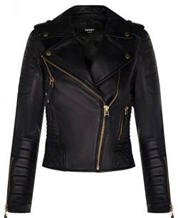 Damen-Leder-Bikerjacke, Gesteppt, Matt, Schwarz, Goldfarbener Reißverschluss, Echte Nappa Gothic Fashion Moto Jacke S von Infinity Leather