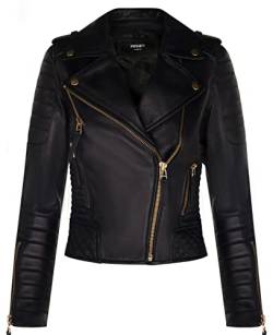 Infinity Leather Damen-Leder-Bikerjacke, Gesteppt, Matt, Schwarz, Goldfarbener Reißverschluss, Echte Nappa Gothic Fashion Moto Jacke XS von Infinity Leather