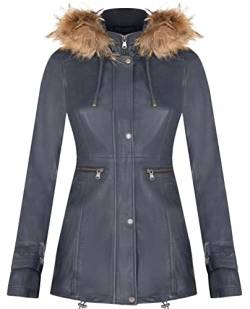 Infinity Leather Damen Navy Blau Warme Lederjacke Abnehmbare Kapuze Parka Regenmantel XL von Infinity Leather