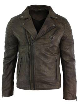 Mens Slim Fit Cross Zip Retro Vintage Brando Real Leather Jacket Vintage Biker - Braun, 5XL von Infinity Leather