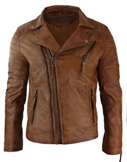 Mens Slim Fit Cross Zip Vintage Brando Washed Real Leather Jacket Black Brown Tan von Infinity Leather