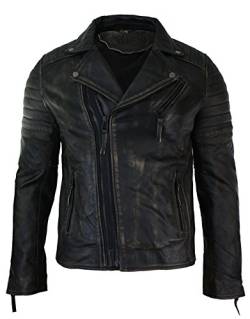 Mens Slim Fit Cross Zip Vintage Brando Washed Real Leather Jacket Black Brown Tan von Infinity Leather