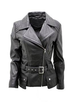 Damen Schwarz Lange Feminine Leder Motorradfahrer Jacke 16 von Infinity