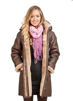 Frauen Braun Lange Winterlich Mit Kapuze Shearling Schaffell Leder Duffle Mantel 2XL von Infinity