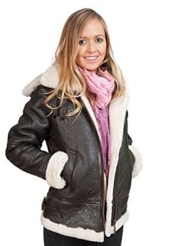 Frauen Braunes Kapuzen-Schaffell Fliegende Lederjacke mit Sahnepelz 5XL von Infinity