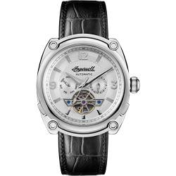 Ingersoll The Michigan Herren-Automatikuhr, 45 mm, mit silbernem Open-Heart-Zifferblatt und schwarzem Echtlederarmband I01105 von Ingersoll