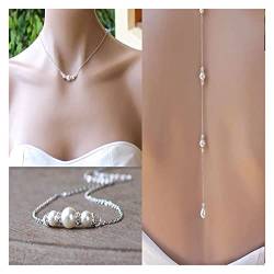 Inilbran Boho Pearl Back Halsketten Lange Pearl Cz Backdrop Halsketten Silver Pearl Back Chain Halskette Vintage Crystal Body Chain Halskette Summer Body Jewelry für Frauen und Mädchen von Inilbran