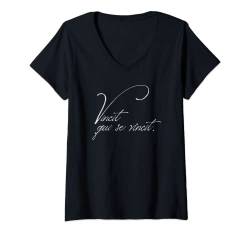 Damen T-Shirt mit lateinischem Zitat, Vincit Qui se vincit He conquers Philosophie T-Shirt mit V-Ausschnitt von Inkable