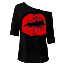 Damen Casual Sternchen Lippen drucken One-Shoulder T-Shirt Oversize 80er Pullover Tops Vintage Karnevalskostüme T Shirt Mode Oberteil Sexy Tunika Bluse Kurzarm Karneval Kostüm Gepaart mit Tüllrock von Innerternet