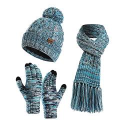 Mütze Schal Handschuhe Set Damen Winterset Dick Strickmütze Wintermütze Warme Schal und Handschuhe Bommelmütze für Frauen Beanie Mütze mit Kunstfell Bommel von Innerternet