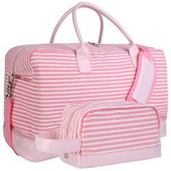 Inspack Weekender Tasche für Damen, Rosa-Weiß gestreift, Mit Schuhfach und Kulturbeutel von Inspack