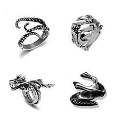 Vintage Punk Ringe, 4 Stück verstellbarer Edelstahlring, Drachenklauen Ring, Männer Vintage Ringe Set, Mode Herrenringe, Damenringe,Einzigartiger Ring von Integrity.1