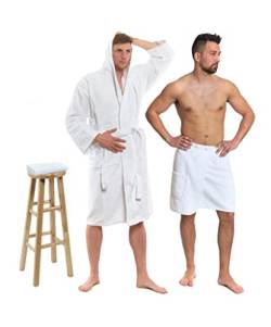 Interkontakt SET - XL - Bademantel Herren Frottee mit Kapuze + Saunakilt Herren + Handtuch - 100% Baumwolle OEKO-TEX® Zertifiziert - Verfügbare Größen (S, M, L, XL, XXL) - Bademantel Set - Weiß von Interkontakt