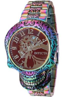 Invicta Herren-Armbanduhr mit Totenkopf-Motiv, 50 mm, automatisch, skeletonisiertes Zifferblatt, schillerndes Edelstahl-Armband von Invicta