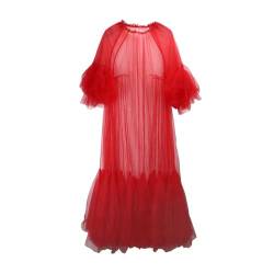 Inzegao Damen-Kleid aus Tüll, durchsichtig, lang, Rundhalsausschnitt, lange Ärmel, Netzkleid, Party, Fotoshooting, Rot/Ausflug, einfarbig (Getaway Solids), Einheitsgröße von Inzegao