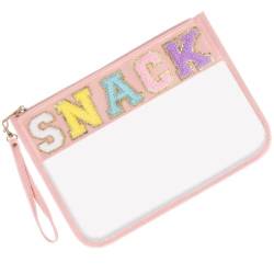 Iqimott Transparente Tasche mit Buchstaben-Motiv, für Reisen, Strand, Snack, Make-up-Tasche für Frauen und Mädchen, Snack-Pink von Iqimott