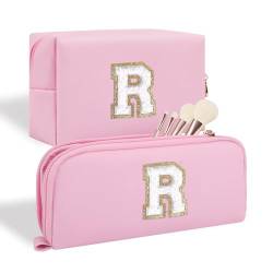 Personalisierte Make-up-Tasche mit Initialbuchstaben, adrette Chenille-Buchstabe, Kosmetiktasche mit Reißverschluss, 2 x rosa/weiße Buchstaben, R von Iqimott