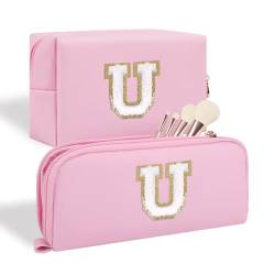Personalisierte Make-up-Tasche mit Initialbuchstaben, adrette Chenille-Buchstabe, Kosmetiktasche mit Reißverschluss, 2 x rosa/weiße Buchstaben, U von Iqimott