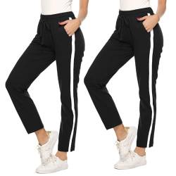 Irdcomps Damen Jogginghose Baumwolle Trainingshose Lang Sporthose Jogger Sweatpant Laufhose Freizeithose High Waist Weites Bein mit Streifen für Laufen Sport Schwarz L von Irdcomps