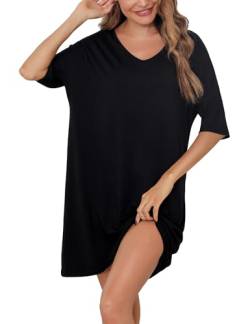 Irdcomps Damen Nachthem Baumwolle Kurz Schlafshirt Oversize Sexy Sleepshirt Sommer Nachtkleid Pyjamas Frauen Modal Schwarz XXL von Irdcomps