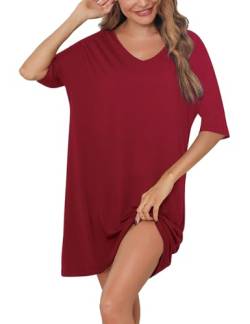 Irdcomps Damen Nachthemd Baumwolle Große Größen Schlafshirts Modal Kurzarm Sleepshirt Oversize Bigshirts zum Schlafen Rot XXL von Irdcomps