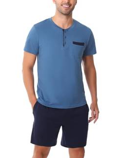 Irdcomps Herren Pyjama Kurz Baumwolle Schlafanzug Sommer Nachtwäsche Shorty Freizeitanzug Kurzarm Knopfleister Oberteil Pyjamahose mit Taschen Blau XXL von Irdcomps