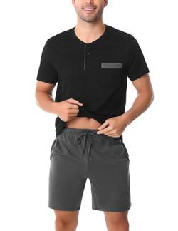 Irdcomps Herren Pyjama Set Kurz Baumwolle Schlafanzug Shorty Zweiteilige Nachtwäsche Schlaf Set Kurzärmlige T-Shirt Rundhals Short mit Elastischem Bund Schwarz XXL von Irdcomps