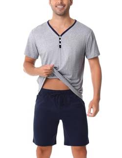 Irdcomps Herren Pyjamas Kurzarm Schlafanzug Kurz Baumwolle Kurzarm Männer Shorty Nachtwäsche zum Knöpfen Schlafshirts Schlafshorts Loungewear für Sommer Navyblau L von Irdcomps