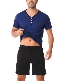 Irdcomps Herren Pyjamas Kurzarm Schlafanzug Kurz Baumwolle Kurzarm Männer Shorty Nachtwäsche zum Knöpfen Schlafshirts Schlafshorts Loungewear für Sommer Schwarzblau S von Irdcomps