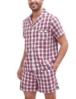 Irdcomps Herren Pyjamas Kurzarm Schlafanzug Kurz Baumwolle Kurzarm Männer Shorty Nachtwäsche zum Knöpfen Schlafshirts Schlafshorts Loungewear für Sommer Weinrot XL von Irdcomps