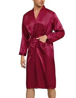Irdcomps Herren Satin Robe Kimono Morgenmantel Lang Bademantel Leicht Seide Nachtwäsche Pyjama für Männer mit Gürtel Rot XL von Irdcomps