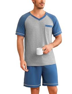 Irdcomps Herren Schlafanzug Kurz Baumwolle Pyjamaset Zweiteiliger Set Rundhale T-Shirt mit Brusttasche Pyjamahose Schlafanzüge Kurzärmliger Pyjama für Teenager Shorty Sommer Blau L von Irdcomps