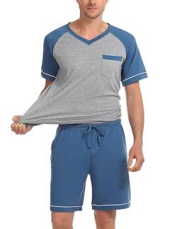 Irdcomps Herren Schlafanzug Kurz Baumwolle Pyjamaset Zweiteiliger Set Rundhale T-Shirt mit Brusttasche Pyjamahose Schlafanzüge Kurzärmliger Pyjama für Teenager Shorty Sommer Blau XL von Irdcomps