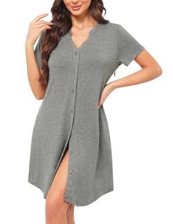 Irdcomps Nachthemd für Damen Schlafshirt Kurz Schlafhemd Baumwolle Nachtwäsche Nachtkleid Loungewear Kurzarm V-Ausschnitt mit Taschen Knopfleiste Sommer Grau XXL von Irdcomps