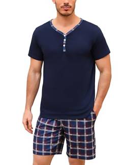 Irdcomps Pyjama Herren Kurz Karierter Schlafanzug Baumwolle Shorty Kurzarm Herrenpyjama Hausanzug Männer 2 Teilige Pyjamaset T-Shirt Schlafhose V-Ausschnitt Oberteil Schlafanzüge Sommer Navyblau XL von Irdcomps