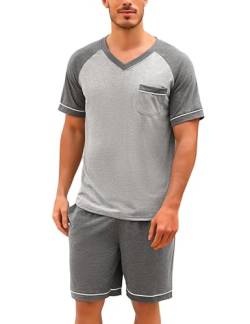 Irdcomps Pyjama Herren Kurz Schlafanzug Baumwolle Shorty Männer 2 Teilige Pyjamas Set Jungen Hausanzug Kurzarm Schlafshirt Schlafhose Atmungsaktive Nachtwäsche Sommer Freizeitanzug Bruttasche Grau M von Irdcomps