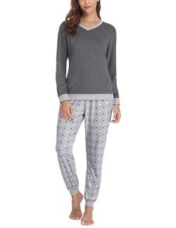 Irdcomps Pyjamas Damen Lang Schlafanzug Winter Baumwolle Langarm Zweiteilige Nachtwäsche für Frauen Hausanzug Pyjamashose mit Bündchen Taschen Grau S von Irdcomps