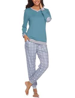 Irdcomps Pyjamas Damen Schlafanzug Lang Winter Baumwolle Langarm Zweiteilige Nachtwäsche für Frauen Hausanzug Pyjamashose mit Bündchen Taschen Rosa Blau XXL von Irdcomps