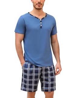 Irdcomps Schlafanzug Herren Kurz Karierter Pyjama Baumwolle Shorty Zweiteilige Pyjamas Set Nachtwäsche Männer Hausanzug Schlafanzüge Pyjamahose Gummibund Knopfleiste Kurzarm T-Shirt Sommer Blau L von Irdcomps