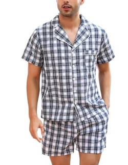 Irdcomps Schlafanzug Herren Kurz Karierter Pyjama Set Baumwolle Kurzarm Shorty Zweiteilige Nachtwäsche Männer Sommer zum Knöpfen Loungewear Blau XXL von Irdcomps