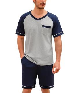 Irdcomps Schlafanzug Herren Kurz Pyjama Baumwolle Shorty Zweiteilige Pyjamas Set Nachtwäsche Kurzarm Tshirt Schlafanzughose für Männer Sommer Schlafanzüge mit Brusttasche Navyblau M von Irdcomps